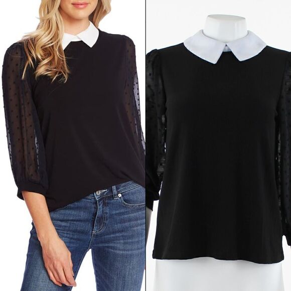 CeCe Tops - CeCe Collared Clip Dot Sleeve Top in Rich Black